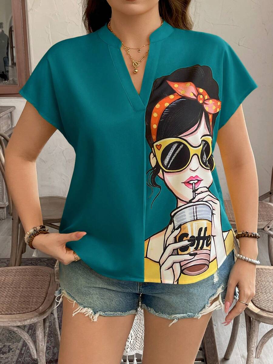 SHEIN LUNE 加大码女式图案短袖衬衫西部风波西米亚风90年代节日夏季外出春季波西米亚风复古风复活节春季海滩 - 水鴨藍 - 查看 1