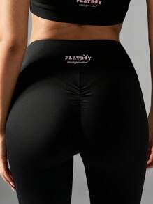 Missguided x Playboy Seamless High Rise Flared Leggings Yoga Pants Athletic Exercise Fitness Studio Workout Performance Activewear Breathable - Black - View 6