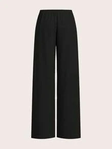 SHEIN EZwear Two-Piece Set Lightweight Knitted Wide Leg Pants For Women, Two-Tone Color, Casual, Summer Outfits , Beach Holiday - Black - View 8