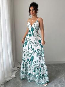 Elenzga Vestido elegante y romántico con estampado floral para mujer, con cuello en V, tirantes de espagueti y ajuste en la cintura en línea A