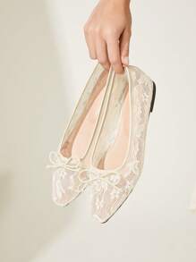 CUCCOO HITCHD 2026 Nouvelles Arrivées Printemps/Automne Style Mariage Décor nœud Couleur Unie Bout Carré Maille Respirante Confortable Chaussures Plates Décontractées - Nude - Voir 2
