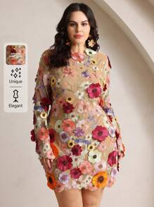 Anewsta 大码女式花卉刺绣修身迷你连衣裙，优雅春季 - 杏色 - 查看 1