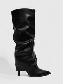 CUCCOO SZL 性感时尚褶皱紧身及膝高筒靴，黑色尖头侧拉链女式高筒靴 - 黑色 - 查看 3