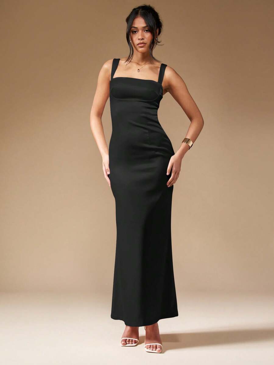 MISSGUIDED Sophisticated Square Neck Bodycon Maxi Dress With Wide Straps Empire Waist Floor Length Evening Gown Special Occasion Wedding Guest Party Formal Dress - Black - View 1