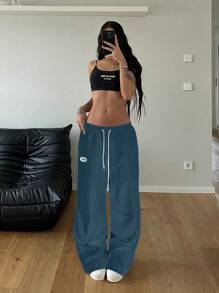 Flirla 女士街头风条纹抽绳宽松黑白长裤 - 藍色 - 查看 6