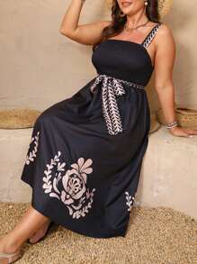 SHEIN Clasi Plus Size Botanical Print Square Neck Sleeveless Tie Waist Dress - Multicolor - View 1