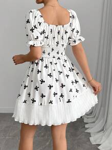 Chiquease Women's Bowknot Print Sweet-Heart Neckline Short Puff Sleeve Waisted A-Line Dress - White - View 2