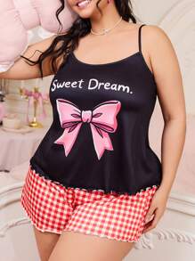 SweetSlumber Plus Size Bowknot Printed Cami & Plaid Shorts Pajama Set - Multicolor - View 5