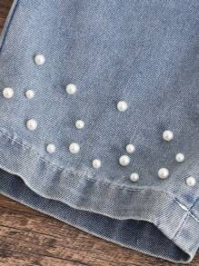 SHEIN Genkimix Kids 2件套女童可爱简约休闲荷叶边无袖上衣和时尚铆钉牛仔裤套装