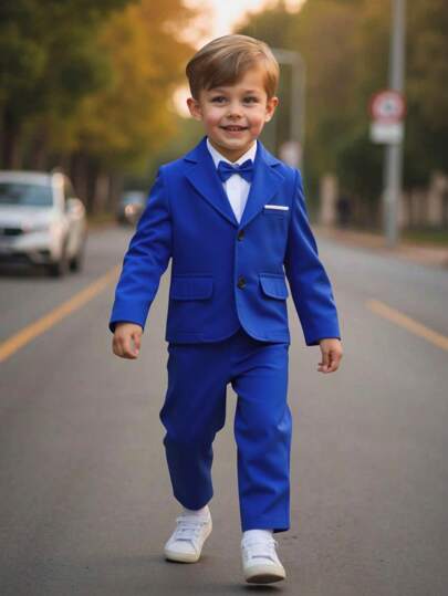 SHEIN Conjunto de 2 piezas para niños pequeños, 1 chaqueta de traje + 1 pantalón, blazer suelto de unicolor casual con bolsillo y botón contrastantes, pantalón minimalista de cintura elástica de unicolor, conjunto de estilo elegante de negocios para fiesta de cumpleaños, boda, vacaciones