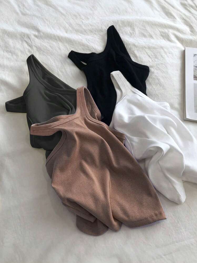 INAWLY Blusa de mujer de tirantes finos de color liso, sin mangas, minimalista y de moda para uso diario - Multicolor - Añade 2