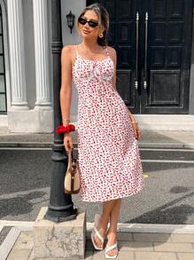 Chiquease Romantic Ditsy Floral Rose Print Lace Panel Front Tie Bow Sleeveless Fitted Midi Dress - Multicolor - View 3