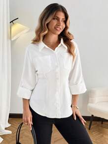 Flirla New White Stylish Fitted Shirt For Women, Patchwork Button Closure, Plus Size - White - View 5