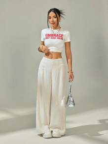 SHEIN PETITE Quần ống rộng vải lanh cạp cao thoải mái cho nữ, thích hợp mặc đi làm, đi làm, đi chơi, đi nghỉ, màu mơ - Màu be - Xem 3