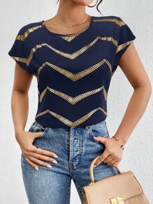 SHEIN Privé 女式休闲优雅宽松金属肩衬衫上衣，女式纯色缎面蝙蝠袖褶皱衬衫