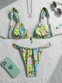 SHEIN Swim 2 Stücke/Set Sommer Urlaub zufälliges Muster Gold Palme Herz Dekor Bralette Triangel Top und Tanga Unterteil Bademode für Strandurlaub Frauen