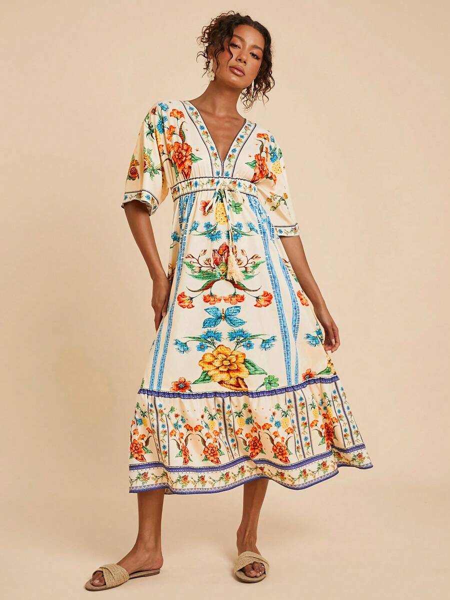 Travachic Woven Print Short Sleeve V-Neck Dress For Women Work Summer Dresses Women Dresses Elegant Gown Women Summer Clothing Woman S Summer Clothes Women Short Dresses Summer - Multicolor - View 1