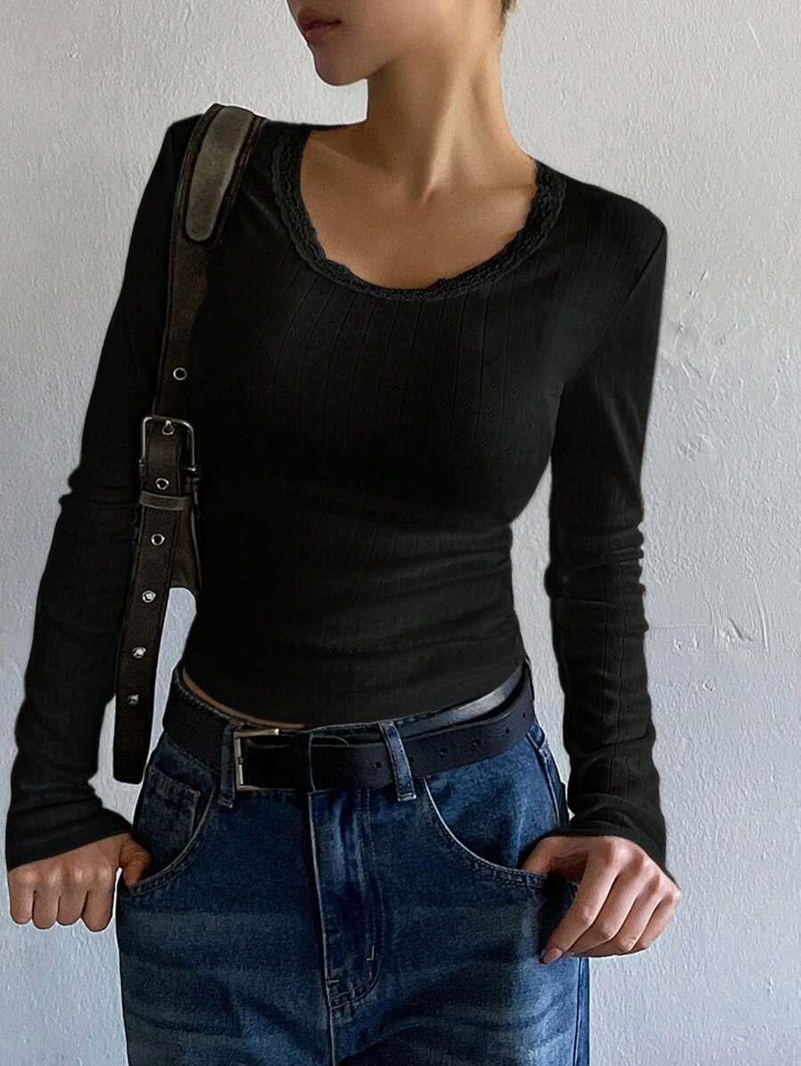 DAZY Lace Patchwork Slim Fit Women's Long Sleeve T-Shirt,Fall Clothes - Black - View 1