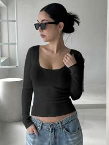 DAZY Women's Scoop Neck Fitted Long Sleeve Bodycon T-Shirt,Fall Clothes - Black - View 2