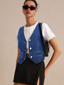 Poéselle Sexy Sleeveless Denim Vest - Blue - Dark Wash - View 5