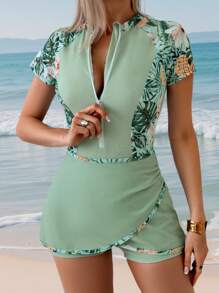 Swim Mulvari Bộ đồ bơi liền mảnh họa tiết nhiệt đới dành cho nữ khi đi nghỉ và đi biển - Màu xanh Bạc hà - Xem 5