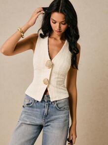 Poéselle White Top, Suit Waistcoat, Shell Decoration, Tweed Fabric,Exquisite And Elegant, Suitable For Daily Wear, Going Out, Vacation, Dating And Other Occasions,Women's Metal Seashell Decor V-Neck Elegant Camisole