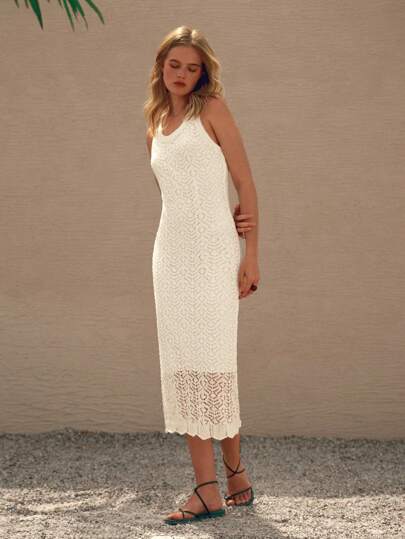 Lumivelle 长款镂空度假风修身优质圆领腰针织连衣裙