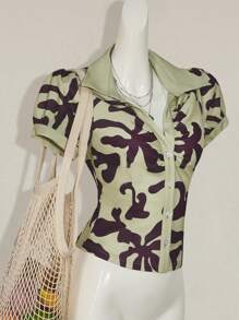 SHEIN ICON Camiseta de manga corta ajustada con botones delanteros y estampado completo de aloha hawaiano verde, estilo hippie y bohemio para mujer, verano