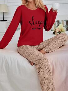 SHEIN Cottnline 100%纯棉两件套眼睛和心形印花睡衣套装 - 紅色 - 查看 4