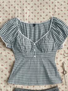 CovetEZ 女式蓝白格子梭织衬衫，夏季 - 藍色 - 查看 4