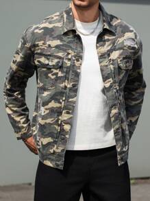 Manfinity Homme Men Camouflage Print Single Breasted Front Pocket Denim Jacket, Fall - Army Green - View 3