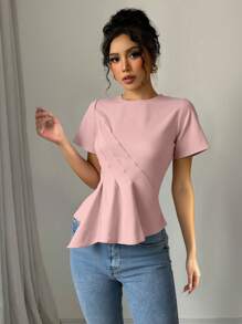 Elenzga Blusa de unicolor con cuello redondo, manga corta, ajustada y con dobladillo fruncido, elegante y versátil para usar en la oficina - Rosa - Ver 3