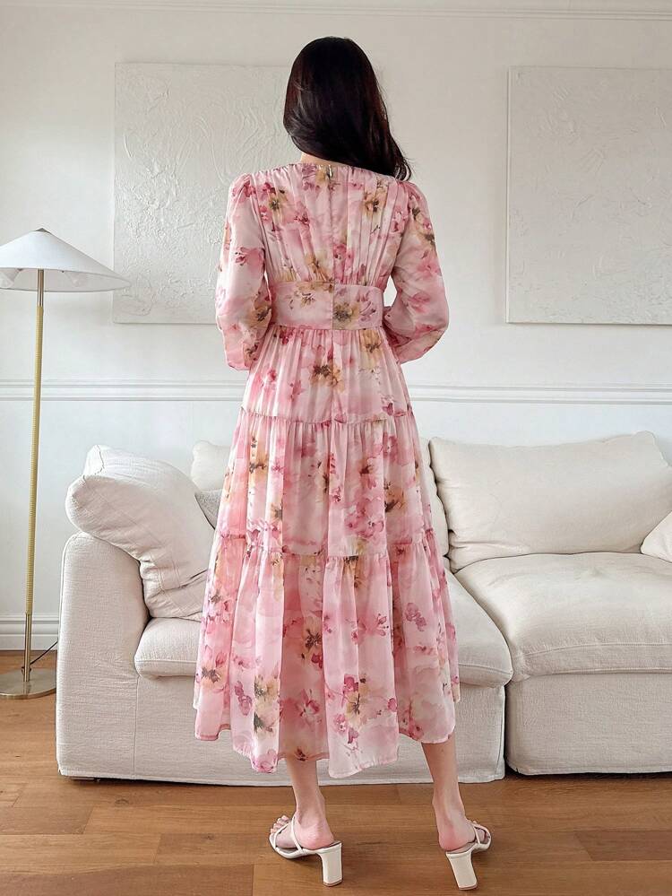 New Fall Women's Long Floral Print Waist Cinch Dress,Ruffle Long Sleeve Dress Maxi Dress