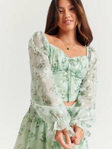 WESTFADE Spring Printed Chiffon Sweetheart Neck Bow Front Long Sleeve Crop Top - Green - View 3