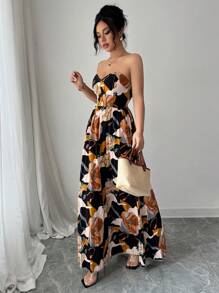 Elenzga 万圣节数码印花紧身胸衣腰部 A 字褶皱度假优雅浪漫女士休闲连衣裙 - 彩色 - 查看 5