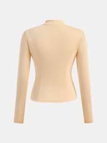 SHEIN Teen Girl Y2K Style Zipper Plain Apricot Thumb Hole Ribbed Slim Fit Stand Collar Jacket - Apricot - View 5