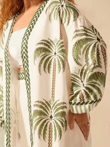 CAJUNI Kimono para cubrir talla grande de mujer de manga linterna con estampado de árbol de coco para la playa, vacaciones de estilo boho, verano tropical y casual