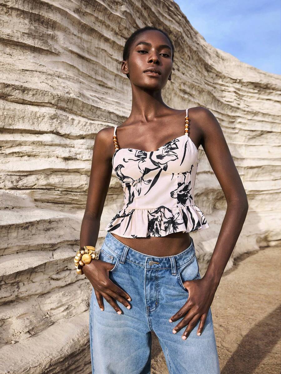 Maija 多色印花度假波西米亚风沙滩舒适休闲荷叶边串珠装饰修身无袖上衣，女士，春夏款 - 彩色 - 查看 1