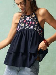 Bohemela Women Casual Solid Color Woven Embroidered Off-Shoulder Tank Top - Black - View 2