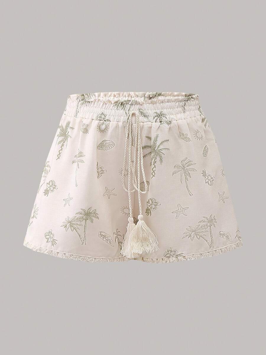 Sweetra Women Palm Tree Print Bohemian Tassel Drawstring Shorts - White - View 1