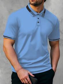 Manfinity Homme Plus Size Men's Summer Casual Contrast Trim Short Sleeve Polo Shirt - Baby Blue - View 3
