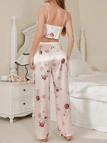 SHEIN Floral Print Cami And Shorts Pajama Set, Faux Silk - Multicolor - View 2
