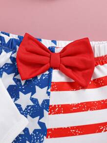 SHEIN 4pcs/Set Baby Girl 0-3Y Casual Cute Knitted Outfit, Includes Patriotic Bodysuit, Flared Pants, Bear Hat And Bow Headband, For My First Independence Day, Fourth Of July/4th Of July - Multicolor - View 4