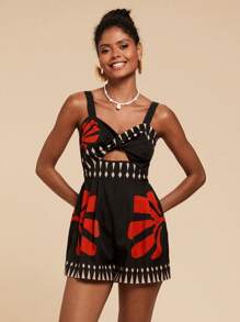 Travachic Damen Jumpsuit mit Blume Muster für den Urlaub, Frühling/Sommer - Schwarz - Übersicht 5