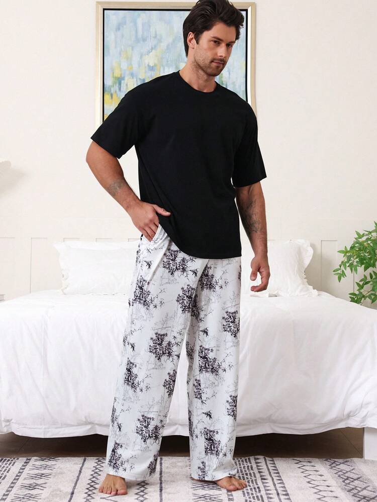 Summer Solid Color T-Shirt Paired With Multicolor Men's Pajama Set