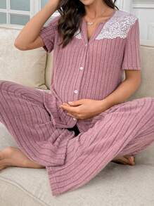 SHEIN Women Casual Lace Patchwork V-Neck Short Sleeve Loungewear Set With Pants, Maternity Pajamas