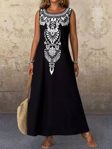 EMERY ROSE 大码无袖撞色花卉印花连衣裙，休闲度假风格 - 黑與白 - 查看 6