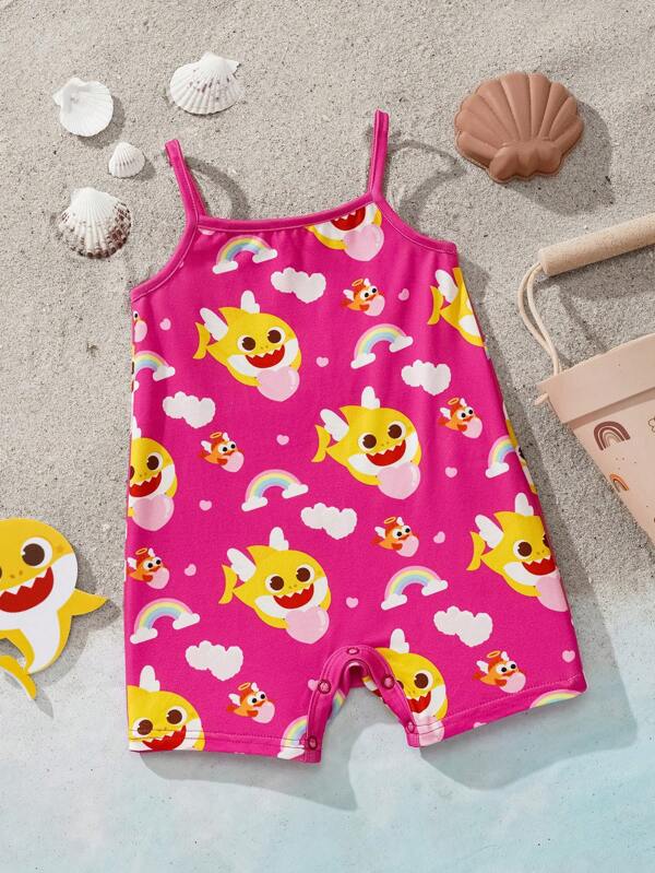 BABY SHARK X SHEIN Baby Girl Cute Yellow Fish Print Playful Summer Vacation Romper