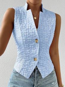 Chiquease Textured Jacquard V-Neck Vest Suit Jacket, Fashionable For Summer - Blue - View 4