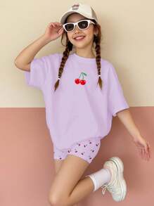 SHEIN Leap Crew 2 件套青少年女孩休闲简约短袖 T 恤和短裤套装，适合夏季 - 彩色 - 查看 1